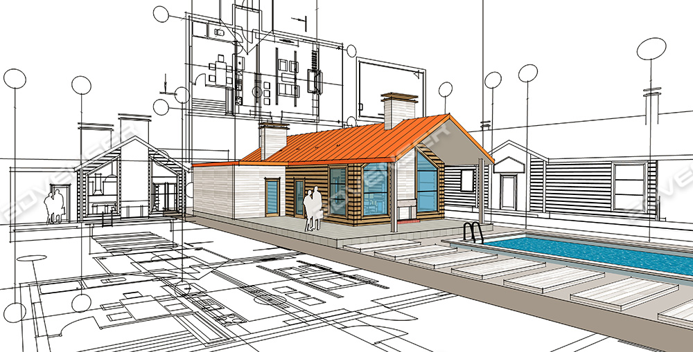 house, architectural project, sketch, 3d illustration